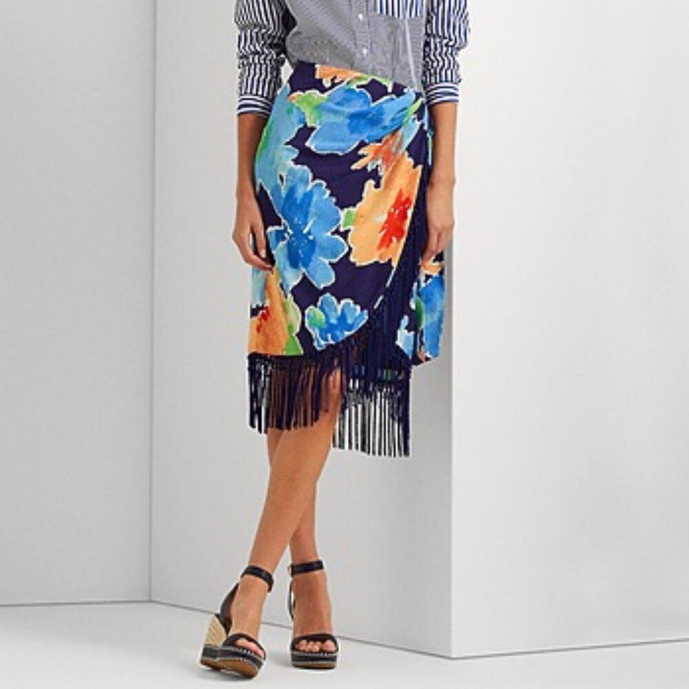 Lauren Ralph Lauren Navy Blue Floral Fringe Faux-Wrap Skirt Tropical Crepe Midi - Picture 3 of 12
